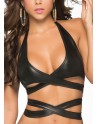 Top court noir wetlook sexy décolleté avec lanières 