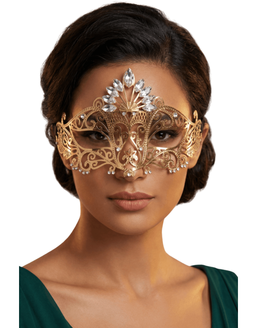 Masque vénitien Gemma rigide doré avec strass