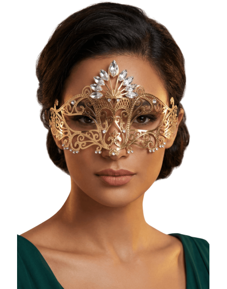 Masque vénitien Gemma rigide doré avec strass