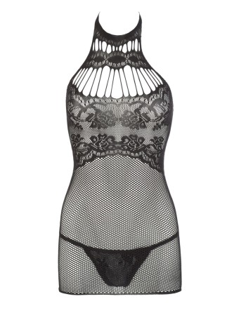 Petite robe en résille noire, sans couture, avec dentelle sur la poitrine. String assorti 
