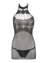 Petite robe en résille noire, sans couture, avec dentelle sur la poitrine. String assorti 