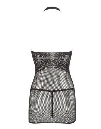 Petite robe en résille noire, sans couture, avec dentelle sur la poitrine. String assorti 