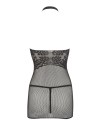 Petite robe en résille noire, sans couture, avec dentelle sur la poitrine. String assorti 