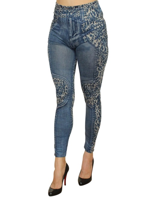 Legging bleu effet jean délavé imprimé léopard 