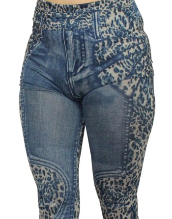 Legging bleu effet jean délavé imprimé léopard 