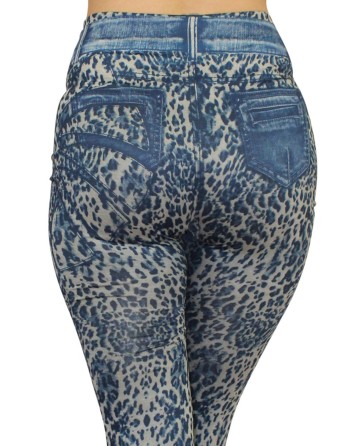 Legging bleu effet jean délavé imprimé léopard 