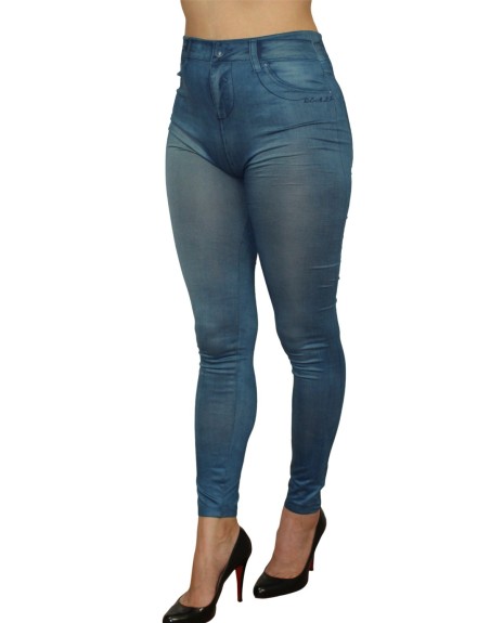 Legging bleu style jean moulant avec impressions sur poches 