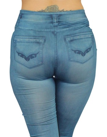 Legging bleu style jean moulant avec impressions sur poches 