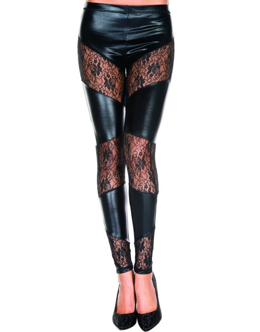 Legging noir wetlook avec bandes de dentelle florale 