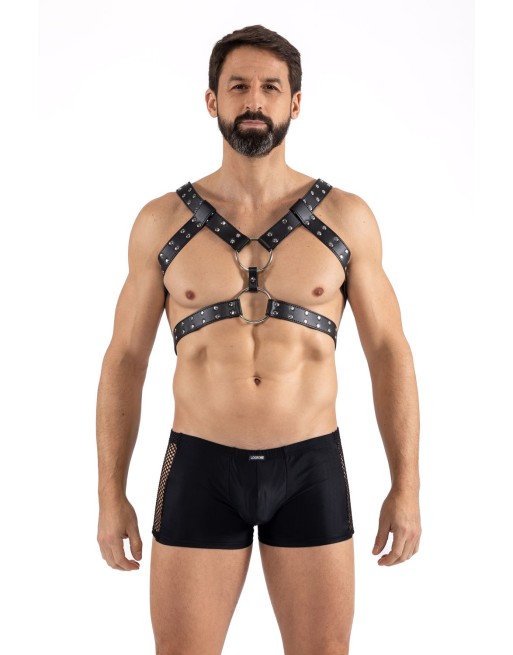 Harnais homme simili cuir avec sangles reliées par de larges anneaux