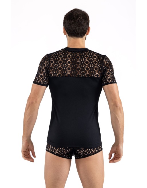 T-shirt noir résille brodée Shinny 