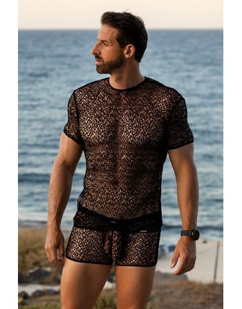 T-shirt noir sexy filet irrégulier fétichiste 