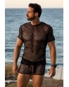 T-shirt noir sexy filet irrégulier fétichiste 