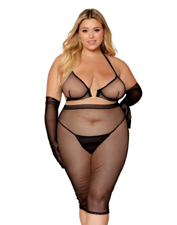 Ensemble 2 pièces grande taille, soutien gorge et jupe longue transparente noir 