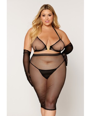 Ensemble 2 pièces grande taille, soutien gorge et jupe longue transparente noir 