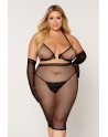 Ensemble 2 pièces grande taille, soutien gorge et jupe longue transparente noir 