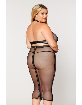 Ensemble 2 pièces grande taille, soutien gorge et jupe longue transparente noir 