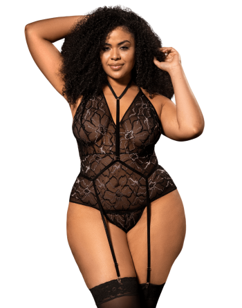 Body grande taille noir en dentelle florale avec harnais amovible - Mapalé