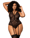 Body grande taille noir en dentelle florale avec harnais amovible - Mapalé