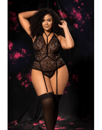 Body grande taille noir en dentelle florale avec harnais amovible - Mapalé