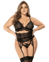 Ensemble lingerie 3 pièces noir en dentelle avec porte-jarretelles - Mapalé