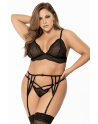Ensemble lingerie 3 pièces noir en dentelle avec porte-jarretelles - Mapalé
