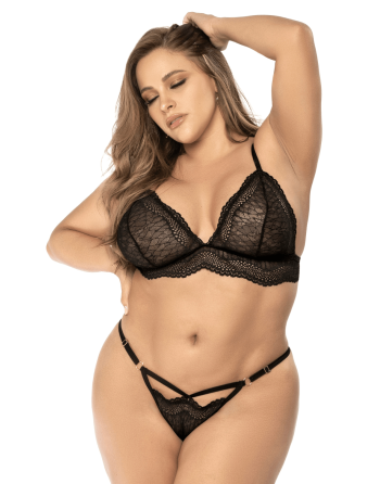 Ensemble lingerie 3 pièces noir en dentelle avec porte-jarretelles - Mapalé