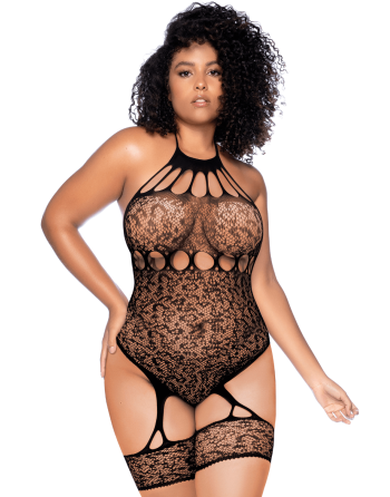 Body grande taille en résille léopard noir à tour de cou et jarretières intégrées - Mapalé