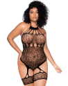 Body grande taille en résille léopard noir à tour de cou et jarretières intégrées - Mapalé