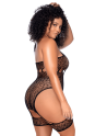 Body grande taille en résille léopard noir à tour de cou et jarretières intégrées - Mapalé