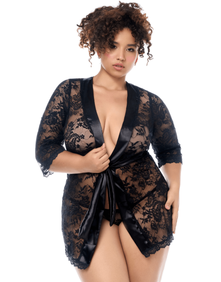 Peignoir en dentelle grande taille Mapalé avec string assorti 