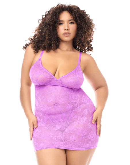 Babydoll grande taille dentelle violette et string 