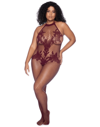 Combinaison grande taille en résille couleur cerise 