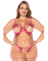 Nuisette grande taille en résille et dentelle florale rose et string assorti