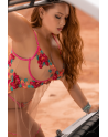 Nuisette grande taille en résille et dentelle florale rose et string assorti