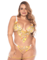 Nuisette grande taille transparente brodée jaune et string 