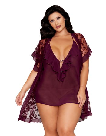 Nuisette et peignoir grande taille couleur aubergine 