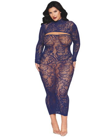 Ensemble 2 pièces grande taille top manches longues et robe bleu marine 