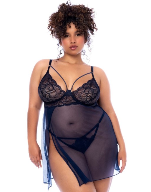 Nuisette grande taille bleu nuit et string