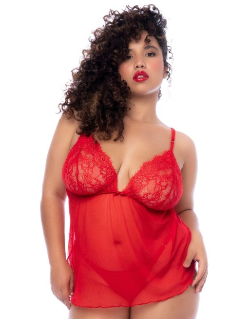 Nuisette courte grande taille rouge et string