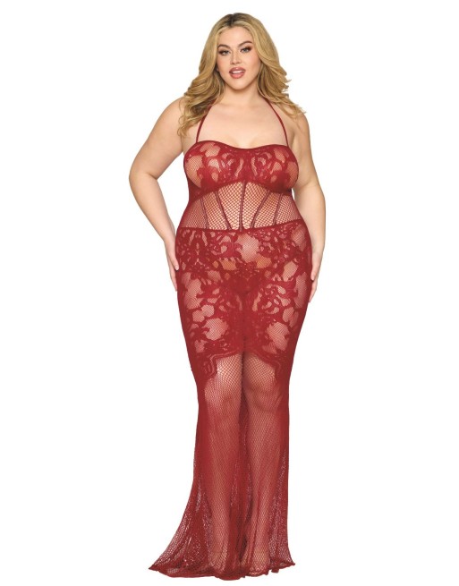 Nuisette longue grande taille en résille rouge 