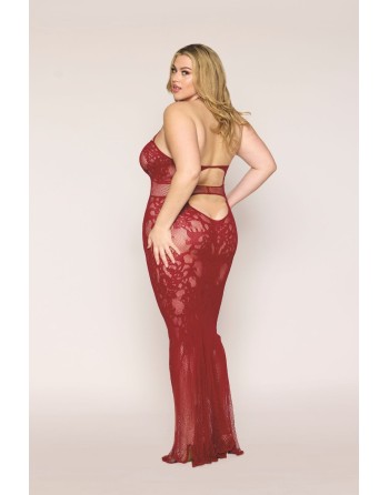 Nuisette longue grande taille en résille rouge 