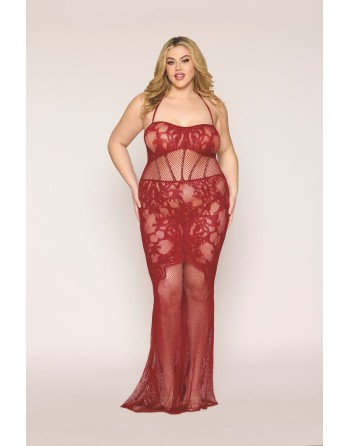Nuisette longue grande taille en résille rouge 
