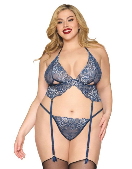 Soutien porte jarretelles grande taille et string en dentelle florale bleue 