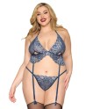 Soutien porte jarretelles grande taille et string en dentelle florale bleue 