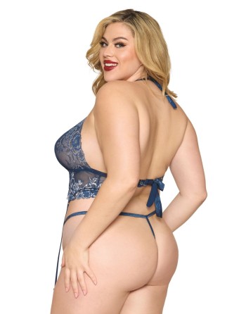 Soutien porte jarretelles grande taille et string en dentelle florale bleue 
