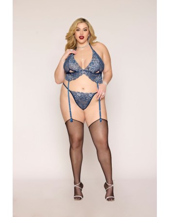 Soutien porte jarretelles grande taille et string en dentelle florale bleue 