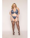 Soutien porte jarretelles grande taille et string en dentelle florale bleue 