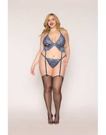 Soutien porte jarretelles grande taille et string en dentelle florale bleue 