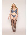Soutien porte jarretelles grande taille et string en dentelle florale bleue 